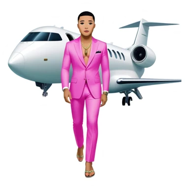 Josh King Madrid, digital entrepreneur and AI mogul, stepping off a glowing neon private jet onto a runway lined with stacks of cash, surrounded by beautiful swimwear fashion robots that resemble AI bot versions of Kim Kardashian sticker