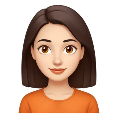 Warm enthusiastic woman with light skin, oval face, soft defined features, large expressive brown eyes, medium arched eyebrows, small nose, medium lips with relaxed smile, long dark brown hair, wearing an orange blouse sticker