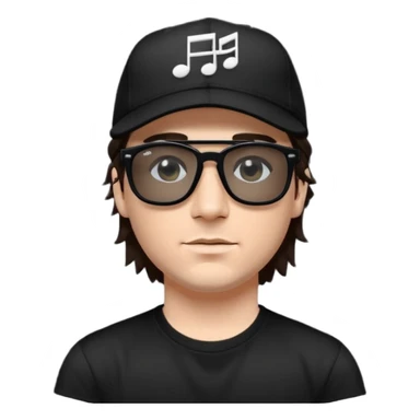“Emoji of a white man with dark brown hair under a black baseball cap, wearing a black t‑shirt and 1980s‑style black Ray‑Ban rectangle sunglasses, with black musical notes floating around his head,  sticker