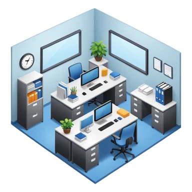 an office with several desks in an isometric style sticker