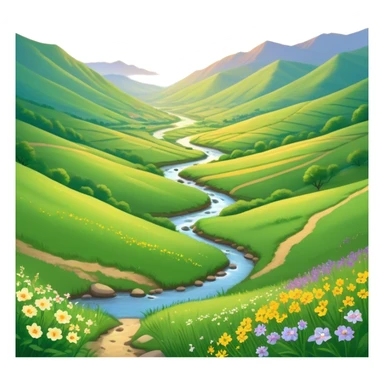 Cinematic Realistic Valley Emoji, Lush and serene, with gently sloping hills surrounding a vibrant green valley filled with wildflowers and a small stream. The soft, golden sunlight filters through the valley, casting peaceful, warm shadows across the landscape. Soft glowing outline, capturing the essence of natural peace and gentle beauty in a sprawling valley. sticker