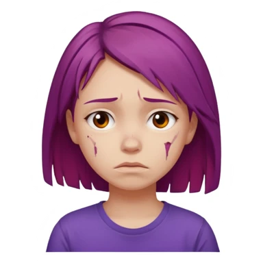 Young girl with red, damaged, and unattractive hair, wearing a purple T-shirt, with a sad and subdued expression. sticker