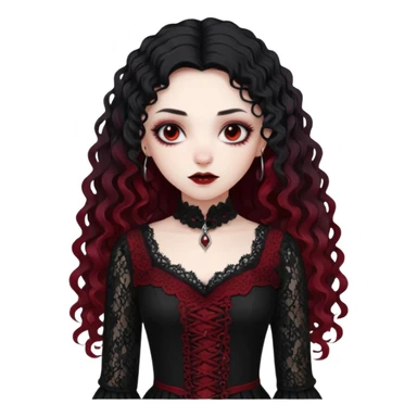 A girl with a dark red goth vampire look in a black goth lace dress with long sleeves longer black curly hair sticker