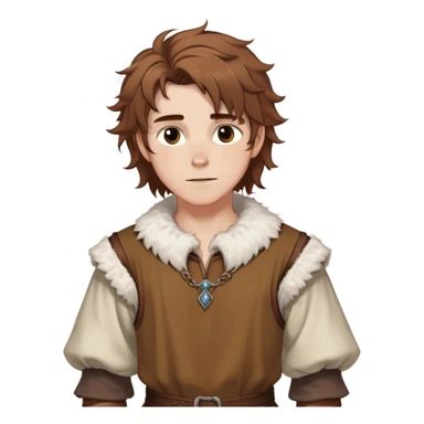 medieval spring outfit worn by a DnD themed fantasy male character. cotton tunic with sleeves rolled to the elbow, featuring a light fur-lined collar for chilly mornings. clothes only above the waist. The clothes full waist. The character's haven't arms. character is white-skinned, chestnut brown hair, amber eyes, shoulder-length messy hair. sticker