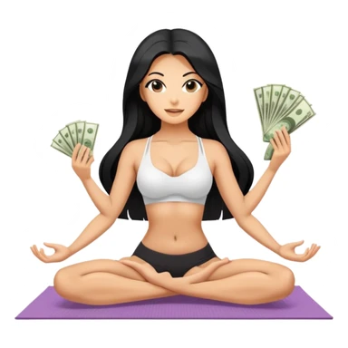 woman with bra, tanned long black hair, holding money, and splits . Money in floor yoga sticker