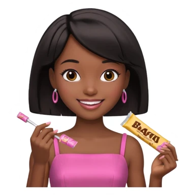 Black barbie, short  black bob  hair, pink dress eating chocalate bar sticker