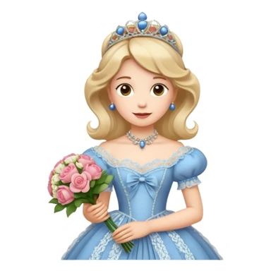An emoji portrait of a Victorian princess. She is wearing an elaborate crinoline ball gown with intricate lace trim and ribbons. She wears a tiara on her head, and her expression is poised and proper. She is holding a small bouquet of flowers. sticker
