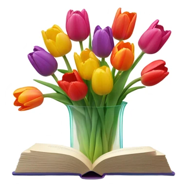 flowers vase in form of transparent book vase, with tullips sticker