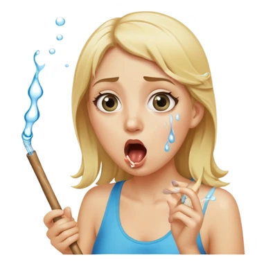 blond woman with wide eyes, holding a skin-colored stick, water squirting from the stick into her mouth, shocked face sticker