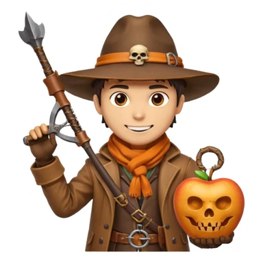 male human monster hunter emoji, wearing brown leather coat and wide hat, holding crossbow, with amulet shaped like skull, Halloween fantasy theme, confident smile, orange scarf, Apple emoji style, clean white background, square image sticker