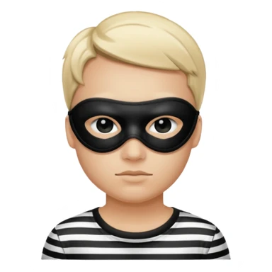Realistic ios emoji-style portrait of a classic burglar, a black eye mask and a black-and-white striped shirt. Highly detailed, natural skin texture, soft cinematic lighting, realistic shadows, smooth gradients, clean outline, glossy reflections in the eyes.  sticker