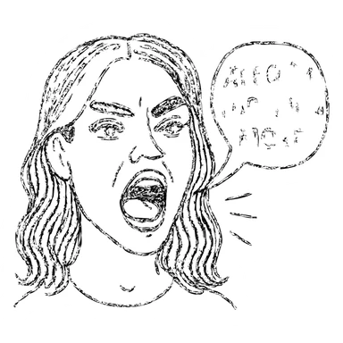 A hand-drawn outlined character with hazel-green almond eyes, wide eyebrows, brunette with white front strands, plump lips, chin dimple, square face, high cheekbones, small nose, shouting 'атрофированный мозг' sticker
