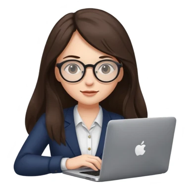 brunette woman with long hair and round glasses, typing on a laptop sticker