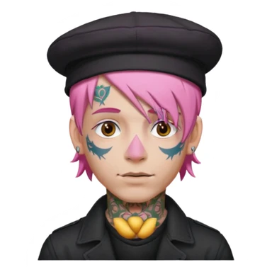 pink haired man and face tattoos and hat sticker