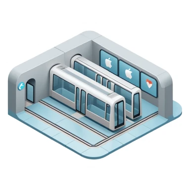 Isometric underground metro station, Apple-style minimalist 3D illustration, smooth surfaces, soft lighting, pastel blue and gray palette, clean geometry, cutaway underground view, no people, no labels, modern UI illustration. sticker