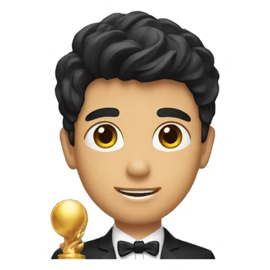 A boy with brow hair with a black suit holding a trophey  sticker