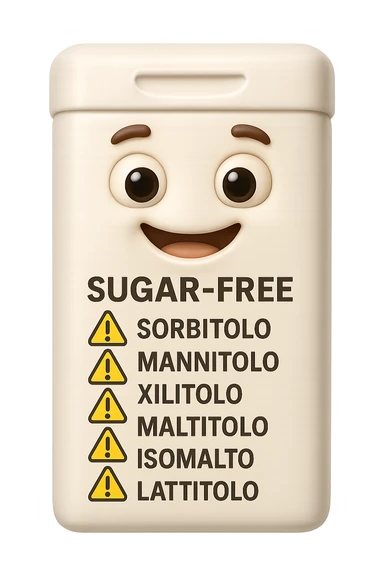 SU QUESTO STILE FAI UN EMOJI STILE IPHONE 3D DI UN pacchetto di gomme senza zucchero con ETICHETTA CON GLI INGREDIENTI SCRITTI, "sorbitolo, mannitolo, xilitolo, maltitolo, isomalto, lattitolo" accanto ad ogni nome scritto mettici un segnale di allarme, FALLO MOLTO REALISTICO IN 3D sticker