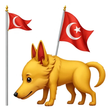 A triangular yellow flag and middle of that flag a red crescent moon within that a Red dog sticker