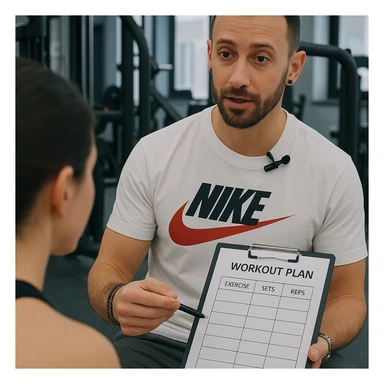 Personal trainer in a gym, inspired by the person in the reference photo, showing a workout plan to a client during a session, in a professional environment. sticker