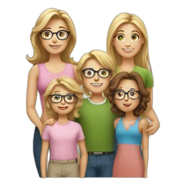 White family of 4, 1 mom with brown hair, 1 big boy with Brown hair, 2 girls with glasses and long blond hair sticker