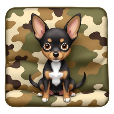Miniature Pinscher Chihuahua mix with a dark coat lying on a camouflage blanket, big ears, playful look sticker