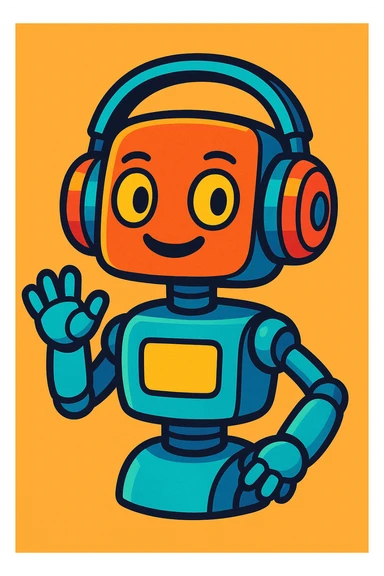 robot with headphones, vibrant cartoon style sticker