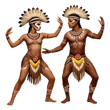 Cinematic Realistic scene of two indigenous dancers performing an Aboriginal Corroboree, adorned in intricate traditional body paint and ceremonial attire, captured in fluid motion with earthy tones and vibrant, cultural lighting sticker