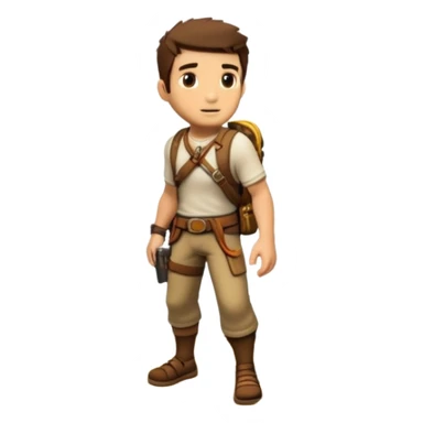 an adventure game, inspired by Uncharted-2. The design features a rugged explorer navigating through ancient ruins, with treasure and obstacles in the background. A dynamic environment with jungle, cliffs, and puzzles highlights the thrill of discovery and action. Transparent background. sticker