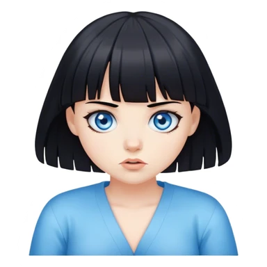 Girl with blue eyes and black hair with bangs shrugging sticker