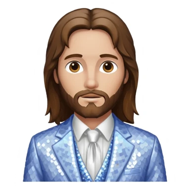 Jesus Christ from Christian Mythology with long brown hair, white sequin suit jacket, periwinkle shirt with white tie sticker