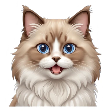 cinematic-adorable-big-eyed-fluffy-brown ragdoll-cat-portrait-emoji,-head-tilted-playfully-with-a-cute,-yawn,-soft-brown-and white-colored-fur-with-darker-points-on-the-ears,-simplified-yet-irresistibly-cute-features, sparkling blue eyes sticker