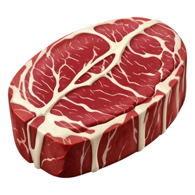 beef chuck steak, raw, irregular oval shape, deep red meat, creamy white fat streaks, visible marbling, slight connective tissue lines, fresh, moist, thick, no plate, knife, or garnish, soft lighting, emoji scale sticker