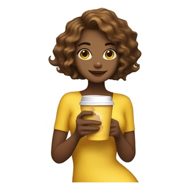 mermaid with a short bob haircut, hair color brown, holding a cup of coffee in a yellow package sticker