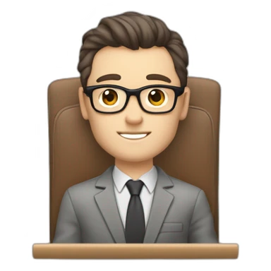 Pale skinned Fit Man With dark brown hair in gray jacket, beige office shirt, Brown pants and vintage glasses sitting In a soft chair with a notebook on spring with emblem Ψ and a pen sticker