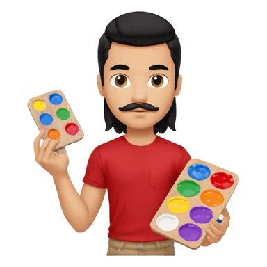 generate a pretty fair bratz boy with a long mullet (black hair), mustache, carrying a paint palette in hand and wearing a red tshirt. Lean but biceps sticker