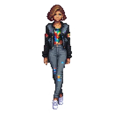 Zendaya in a fashionable outfit in pixel art style sticker
