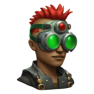 Male cyborg with thin red Mohawk and green steampunk goggles sticker
