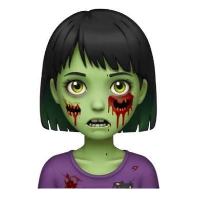 emoji, garota zumbi, estilo iphone, verde, com cabelo curto, preto, com franja, machucados pelo rosto, zumbi, com olhos brancos sticker