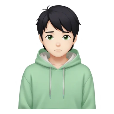 Gorgeous pastel green sweater black hair anime style shojo guy with blushing face and, hoodie, aesthetic, young adult, trending style outside  sticker