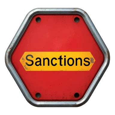 red, road sign, hexagonal, with the inscription SANCTIONS sticker