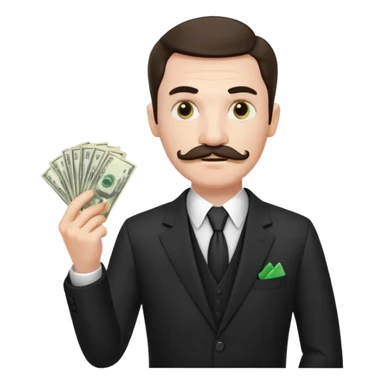 suspicious man uin a suit with a mustache and money sticker