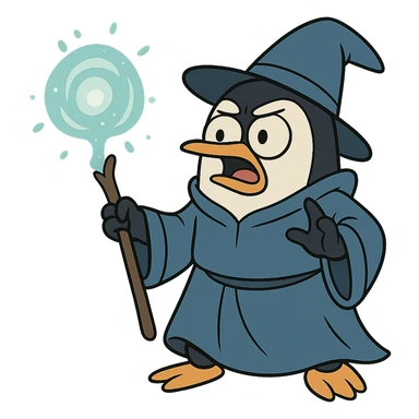 penguin wizard, cartoon style, blue robe, casting a spell sticker