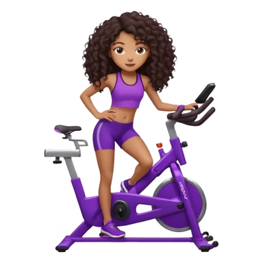 African American girl with long dark brown curly hair, purple workout set leaning on a indoor spin bike with NO HELMET,  sticker