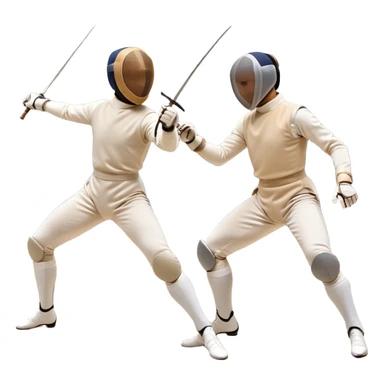Two fencers in symmetrical stances, with crossed épées in front of them. Their forms are elegant and precise, showcasing the balance and strategy of fencing. The background features a blurred fencing piste, with subtle motion lines to emphasize the elegance and speed of the sport. sticker