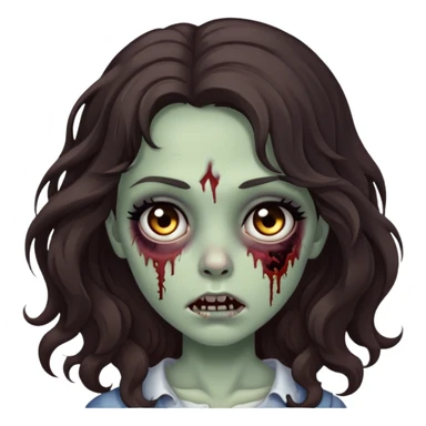 make a zombie emoji, girl with dark brown wavy hair, long hair, black eyes, small eyes, pretty  sticker