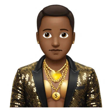 Johnny Gill with dark brown hair, black sequin jacket, shirtless with necklace sticker