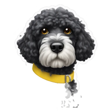 Black portugese water dog with white beard and yellow collar sticker