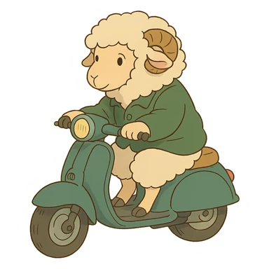 ghibli style cartoon sheep on a scooter sticker