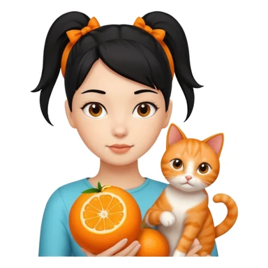 A black haired girl with a high ponytail holding an orange cat sticker