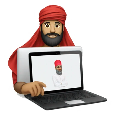 A caliph with turban and red clothes writing in a laptop sticker